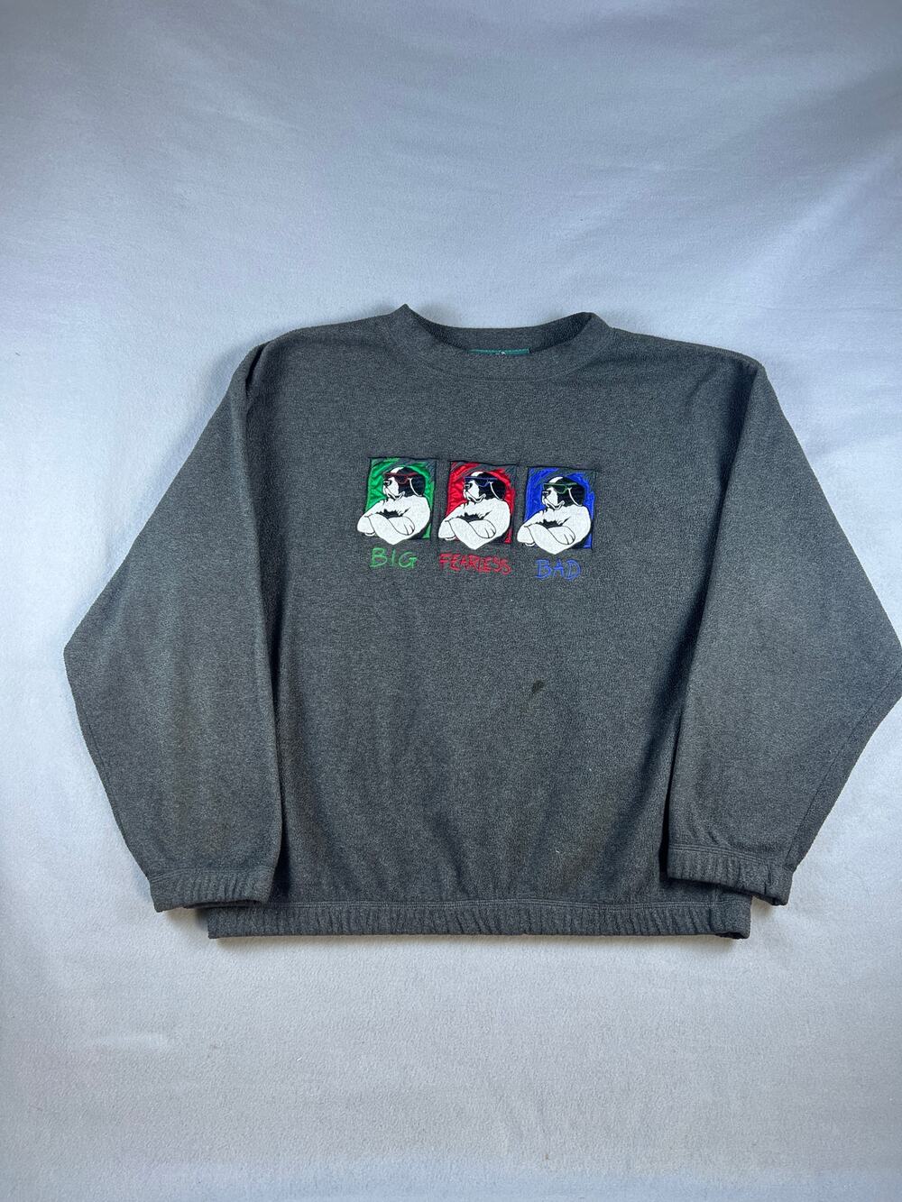 Vintage Big Dogs Fleece Sweatshirt Mens XL Gray Embroidered Patches Pullover